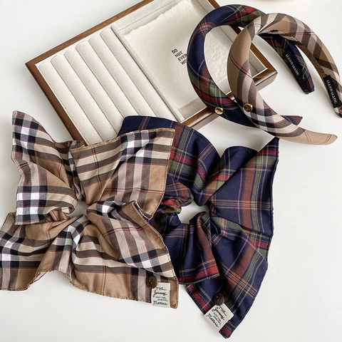 Accessoire Cheveux Tissu À Carreaux Style Britannique Vintage Scrunchie Et Serre-Tête Rétro Bandeau Pour Femmes Filles Quotidien