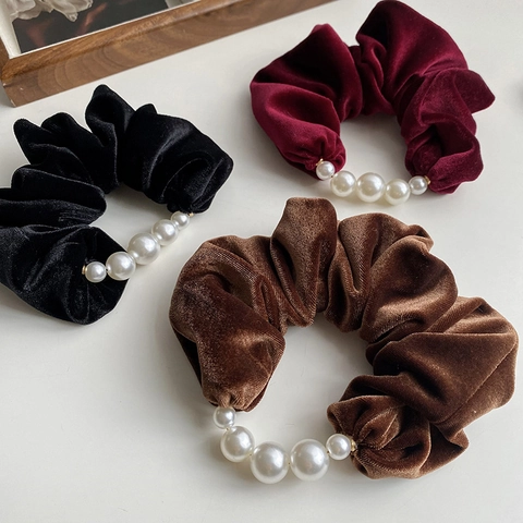 Scrunchie Vintage in Velluto Con Decorazione in Perle Artificiali Elegante Elastico per Capelli Stile Coreano per Donna