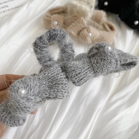 Pinza per Capelli a Fiocco in Lana Lavorata a Maglia Con Perla Artificial Sintetica Elegante Molletta Squalo in Stile Coreano per Donna