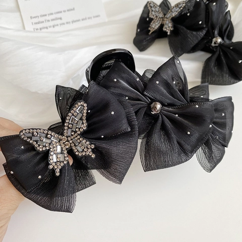 Elegante Molletta per Capelli Francese con Fiocco in Rete e Farfalla di Strass Grande Fermaglio a Squalo Nero per Donna