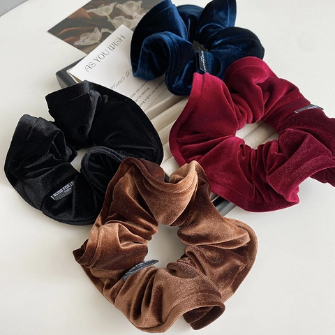 Vintage Velvet Hair Scrunchies Elegant Ruffle Elastic Hair Ties Solid Color Glossy Ponytail Holder For Women Hair Accessories