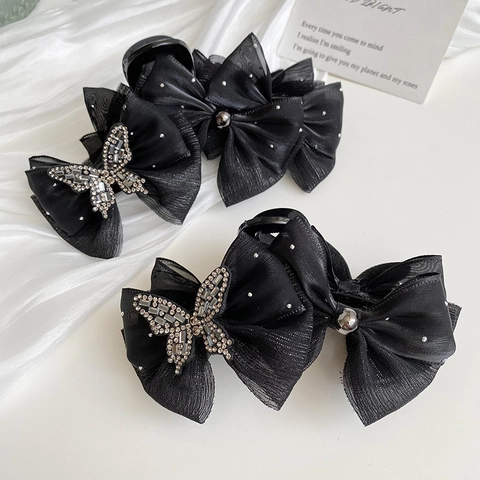 Elegante Molletta per Capelli Francese con Fiocco in Rete e Farfalla di Strass Grande Fermaglio a Squalo Nero per Donna