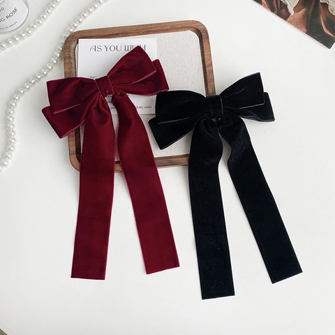 Korean Elegant Velvet Large Bow Hair Clip French Vintage Long Ribbon Spring Clip Hair Accessories For Women Girls Headwear