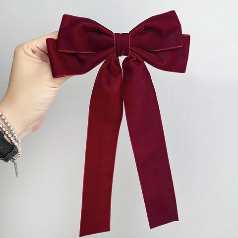 Korean Elegant Velvet Large Bow Hair Clip French Vintage Long Ribbon Spring Clip Hair Accessories For Women Girls Headwear