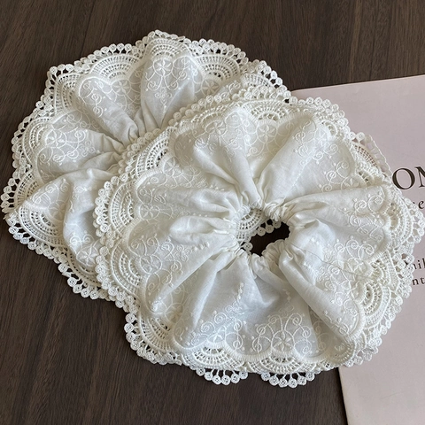 Coletero de Encaje Blanco Bordado Grande Goma de Pelo Elegante con Volantes Accesorios de Pelo Vintage para Mujer