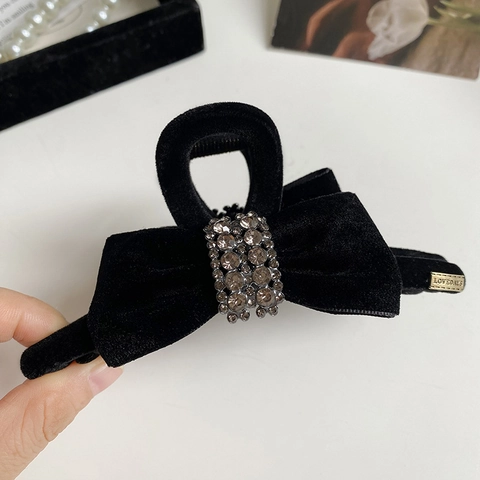 French Vintage Velvet Bow Hair Claw Clip For Women Large Rhinestone Shark Clip Elegant Hair Accessory For Thick Hair Black