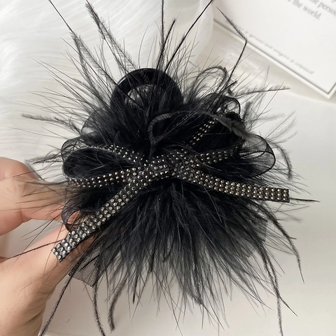 Elegant Black Feather Hair Claw Clip With Rhinestone Bowknot And Mesh For Women Vintage Hair Accessories Hair Grip