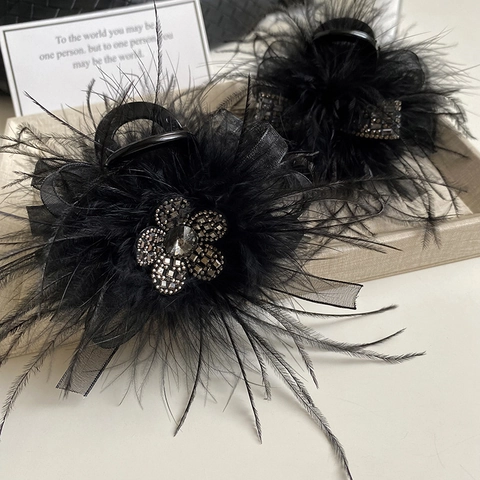 Pinza per Capelli in Piuma Nera con Strass per Donna Fiocco Vintage Mesh Shark Clip Accessori per Capelli per Festa Matrimonio