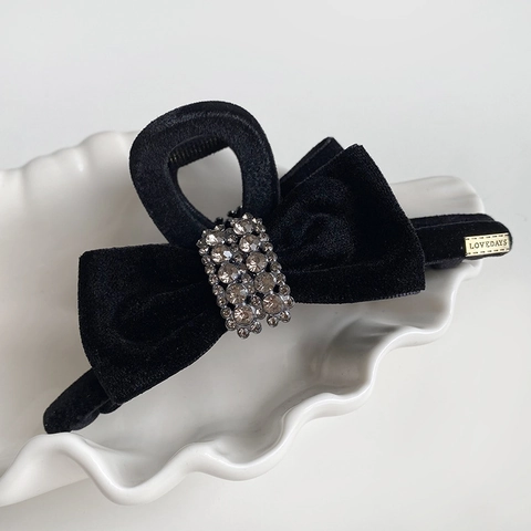 French Vintage Velvet Bow Hair Claw Clip For Women Large Rhinestone Shark Clip Elegant Hair Accessory For Thick Hair Black