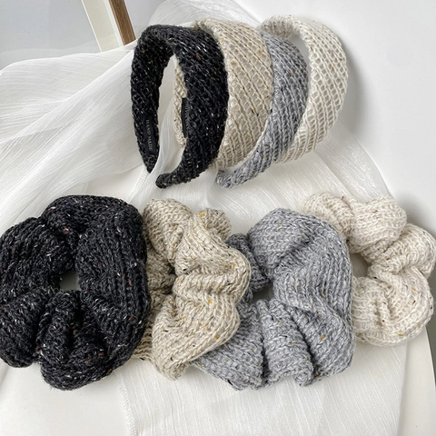 Korean Style Woolen Yarn Knitted Large Hair Scrunchies And Wide Headbands For Women Winter Warm Solid Mottled Hair Accessories