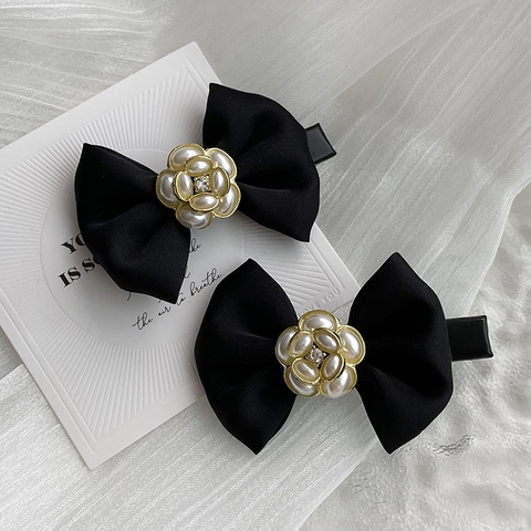 French Vintage Satin Bowknot Hair Clip With Faux Artificial Pearl Camellia Alloy Duckbill Clip For Women Elegant Hair Accessories