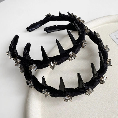 Cerchietto in Velluto Nero Fatto a Mano Stile Punk Con Strass E Spilli Cerchio per Capelli a Onda Antiscivolo Accessori Capelli Donna