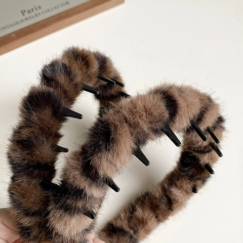 Diadema de Peluche con Estampado de Leopardo Vintage para Mujer Antideslizante con Dientes de Piel Sintética Accesorios para el Cabello de Moda