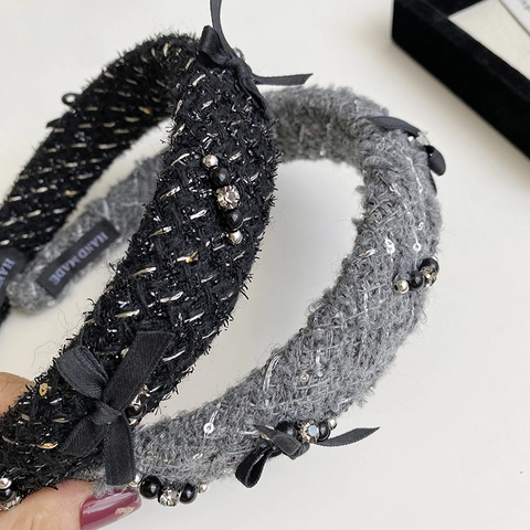 Cerchietto in Tweed in Stile Vintage Francese Con Fiocco Strass Perla Artificiale Elegante Fascia per Capelli Ispessita Accessori per Capelli Donna