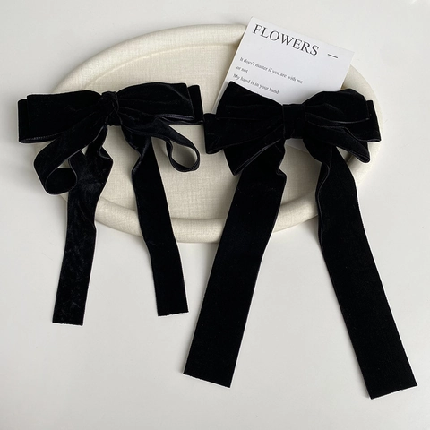 Fermaglio per Capelli con Fiocco in Velluto Nero Vintage Francese per Donna Elegante Clip a Molla con Nastro Lungo Accessori per Capelli