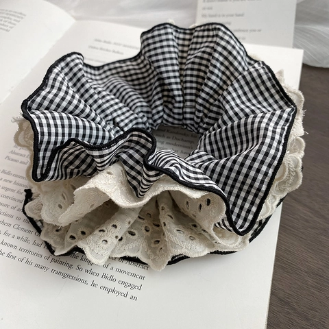 Grote Gingham Kantafwerking Haarelastiek Vintage Zoete Oversized Haar Touw Stof Paardenstaart Houder Accessoires Voor Vrouwen