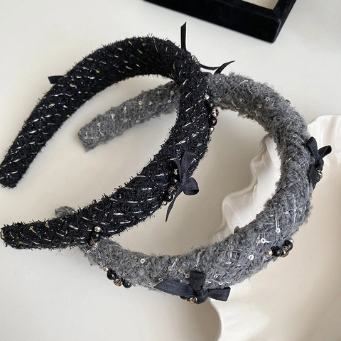 Cerchietto in Tweed in Stile Vintage Francese Con Fiocco Strass Perla Artificiale Elegante Fascia per Capelli Ispessita Accessori per Capelli Donna