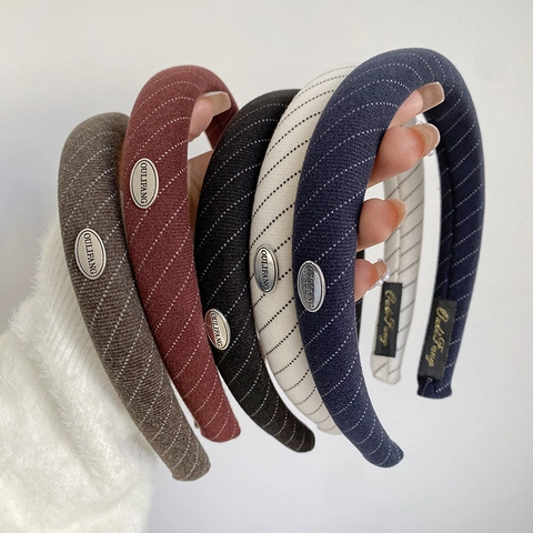 Vintage Striped Fabric Padded Headband For Women With Metal Logo Retro Puffy Hair Band Fashion Headwear Hair Accessories