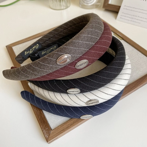 Vintage Striped Fabric Padded Headband For Women With Metal Logo Retro Puffy Hair Band Fashion Headwear Hair Accessories