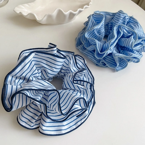 Elastici per Capelli in Tessuto a Righe alla Moda in Stile Coreano Chouchous Pieghettati Grandi per Donna Coda di Cavallo Bassa