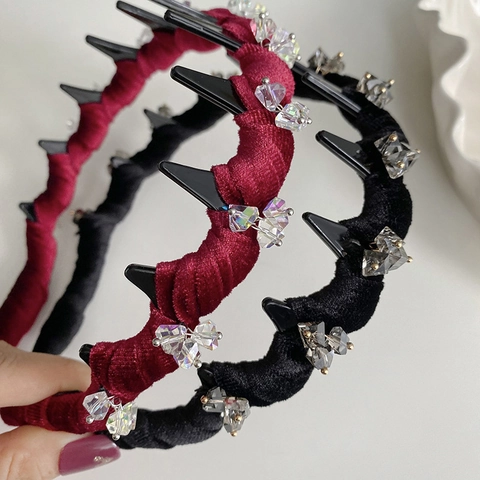 Damen Samt Wellen Haarband Mit Zähnen Strass Verziert Rutschfester Haarreif Vintage Winter Herbst Mode Haarschmuck