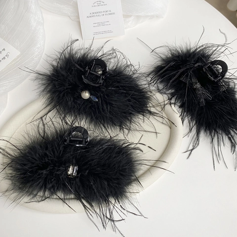 Pince à Cheveux en Plumes Noires Faite à la Main Grand Nœud en Strass Perle Artificielle Élégante Pince pour Femmes Mariage Fête Accessoires de Coiffure