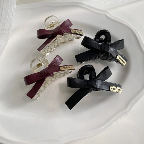 Vintage High Sense Leder Schleife Haarkralle Für Damen Elegante Mini Shark Clip Goldetikett Pony Haarspange Süßer Kopfschmuck