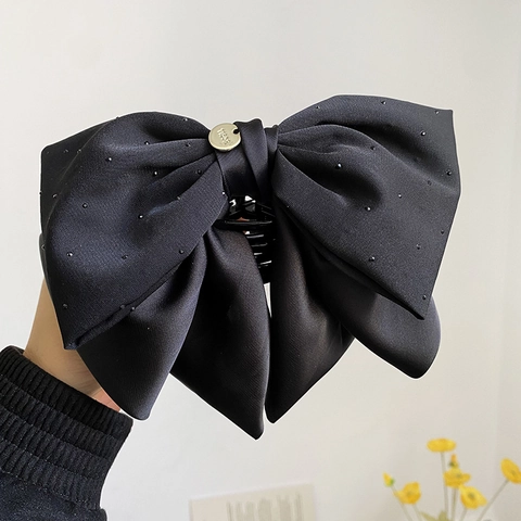 Elegante Schwarz Satin Schleife Haarklammer Für Damen Große Pferdeschwanz Clip Mit Strass Und Gold Metalletikett Haarschmuck