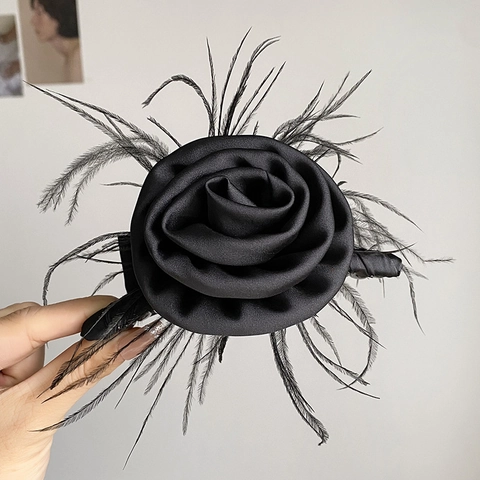 Große Rosenblüten Haarkralle Mit Satin Stoff Und Feder Französisch Vintage Romantisch Haarschmuck Für Damen Hochzeit Party