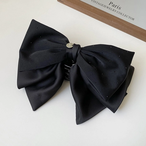 Elegante Schwarz Satin Schleife Haarklammer Für Damen Große Pferdeschwanz Clip Mit Strass Und Gold Metalletikett Haarschmuck