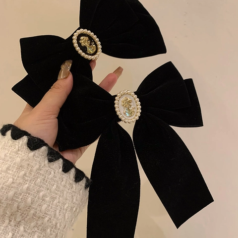 Fermaglio per Capelli a Fiocco in Velluto Vintage Francese Con Ritratto Cammeo e Künstliche Perle Sintetiche Elegante Fiocco Nero per Donna