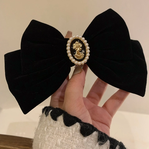 Fermaglio per Capelli a Fiocco in Velluto Vintage Francese Con Ritratto Cammeo e Künstliche Perle Sintetiche Elegante Fiocco Nero per Donna