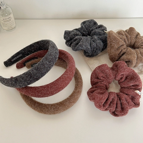 Diadema y Coletero de Peluche para Mujer Otoño Invierno Tela Texturizada Color Sólido Banda para el Cabello Gruesa Accesorios