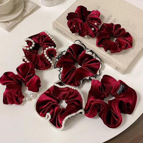 Elastico per Capelli in Velluto Rosso Vino Vintage Francese Donna Elegante Perla Artificial Sintetica Pizzo Accessori per Capelli