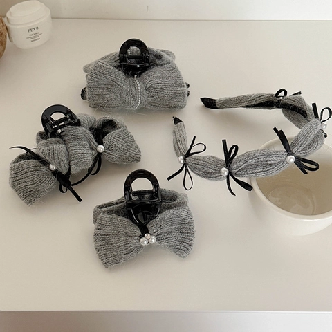 Molla per Capelli E Fascia in Maglia Grigia Con Künstliche Perle Sintetiche E Fiocco Accessori per Capelli Donna Autunno Inverno