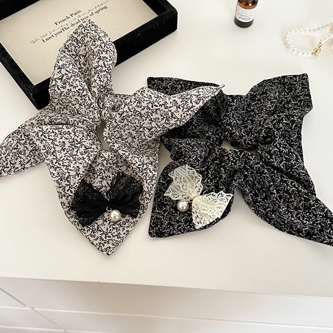 Chouchous Vintage Français à Fleurs pour Femmes Élastiques à Cheveux Élégants avec Nœud en Dentelle et Künstliche Perle d'Imitation