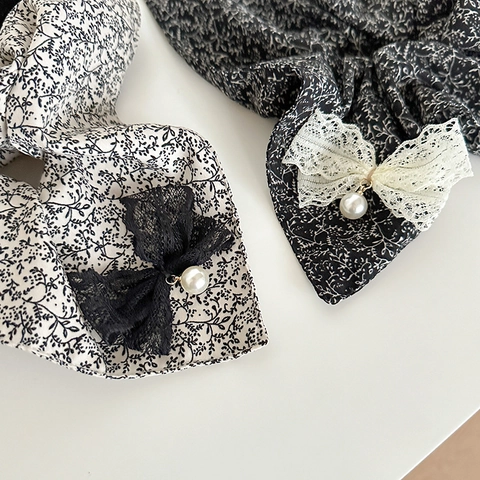 Chouchous Vintage Français à Fleurs pour Femmes Élastiques à Cheveux Élégants avec Nœud en Dentelle et Künstliche Perle d'Imitation