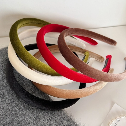 Vintage Solid Velvet Puffy Headband For Women French Style Thick Sponge Padding Hairband Handmade Winter Accessories