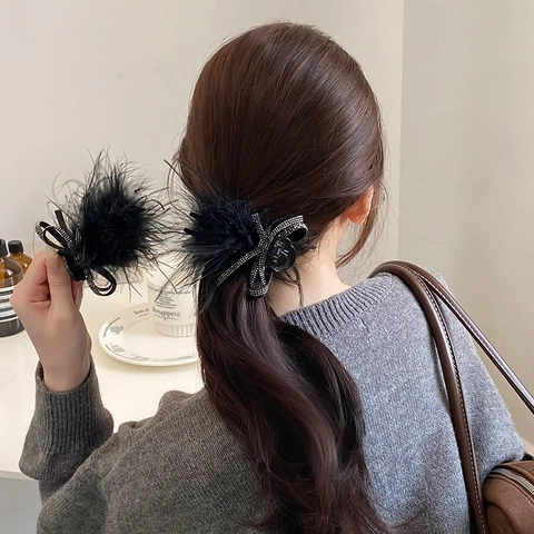 Luxe Zwarte Veer Strass Strik Haarklem Voor Dames Elegante Paardenstaart Knot Haaraccessoire Retro Veren Hoofddeksel