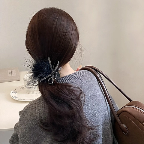 Luxe Zwarte Veer Strass Strik Haarklem Voor Dames Elegante Paardenstaart Knot Haaraccessoire Retro Veren Hoofddeksel