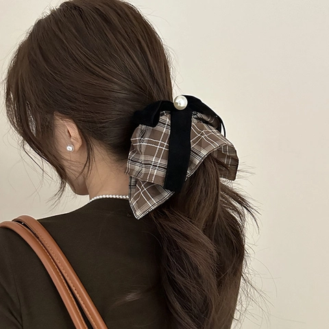Scrunchie per Capelli con Fiocco Scozzese Vintage per Donna Grande Elastico in Tessuto con Perla Artificiale Stile Coreano Elegante