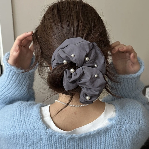 French Elegant Pearl Large Hair Scrunchie Fabric Elastic Ponytail Holder For Women Vintage Solid Color Hair Accessories
