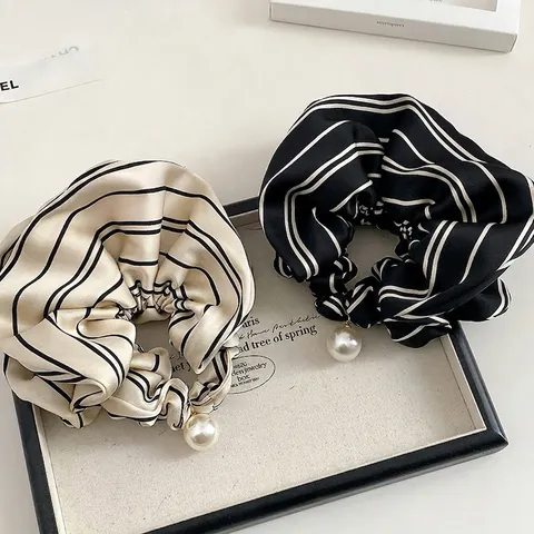 Eleganti Elastici per Capelli in Tessuto Satinato a Righe Francesi Con Ciondolo di Perla Artificiale Alta Elasticità Motivo a Righe Sciarpa per Capelli da Donna