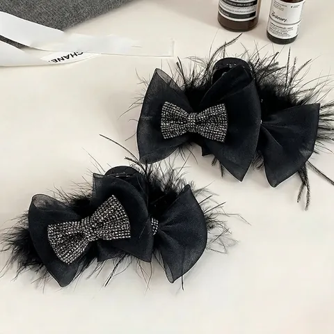 Molletta per Capelli Vintage a Fiocco con Piume di Struzzo Nere per Donna Strass Elegante Grande Fermaglio per Autunno Inverno