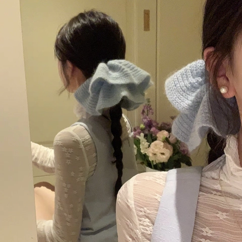 Chouchous en Fil de Laine Tricoté de Style Coréen pour Femmes Frais et Sucré Grands Liens de Cheveux Plissés Porte-Queue de Cheval Élastique Accessoires