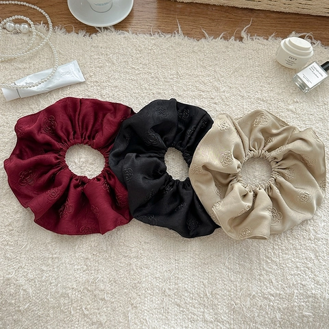 Vintage Jacquard Satin Scrunchie Μεγάλο Λαστιχάκι Μαλλιών Με Μοτίβο Καμέλιας Για Γυναίκες Κομψά Αξεσουάρ Μαλλιών