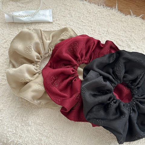 Vintage Jacquard Satin Scrunchie Μεγάλο Λαστιχάκι Μαλλιών Με Μοτίβο Καμέλιας Για Γυναίκες Κομψά Αξεσουάρ Μαλλιών