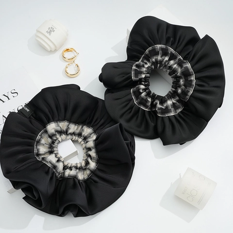 Coletero Grande Satén Doble Capa para Mujer Negro Cuadros Floral Pata de Gallo Patchwork Plisado Lazo Cabello Ponytail Elegante Accesorios Cabello