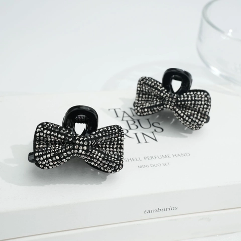 Elegant Black Bow Hair Claw Clip With Shiny Rhinestones Small Princess Hair Decoration Accessory For Women Girls Stylish Headwear