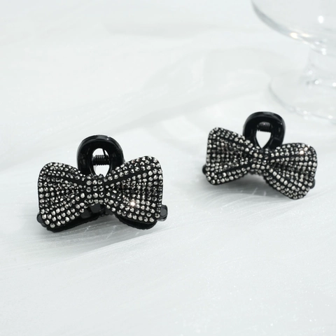 Elegant Black Bow Hair Claw Clip With Shiny Rhinestones Small Princess Hair Decoration Accessory For Women Girls Stylish Headwear